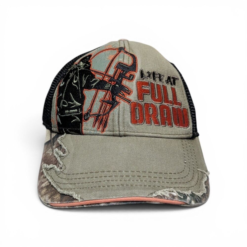 Full Draw Bow Hunting Distressed Look. Buckwear Mesh Camo & Black Truckers Hat